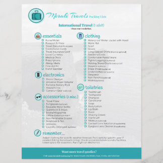 Liste d'emballage : Voyages internationaux (1 Adul