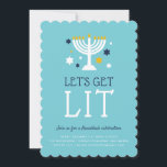 Lit | Invitation Hanoukka Party<br><div class="desc">Invitations amis et proches de partager un peu de plaisir à Hanoukka avec ces invitations mignonnes à Hanoukka party. Le design amusant destiné aux réunions réservées aux adultes présente "Let's get light" sur un arrière - plan turquoise avec une menorah éclairée entourée d'étoiles jaunes, bleues et blanches dorées. Personnalisez avec...</div>