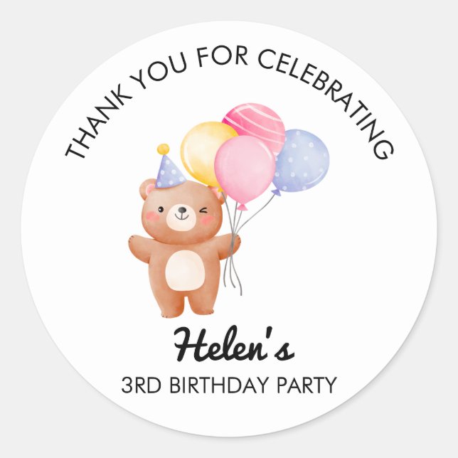 Little Bear Balloon Birthday Party Sticker (Devant)