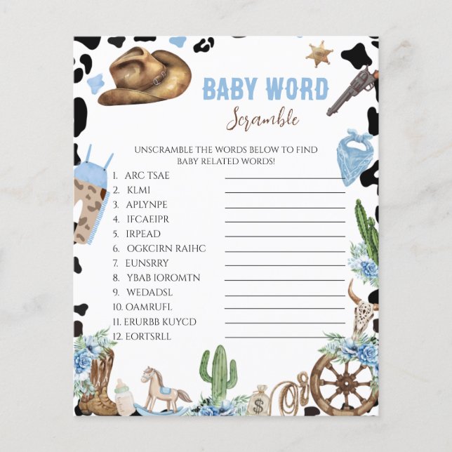 Little Cowboy Baby Shower Word Scramble Game (Devant)