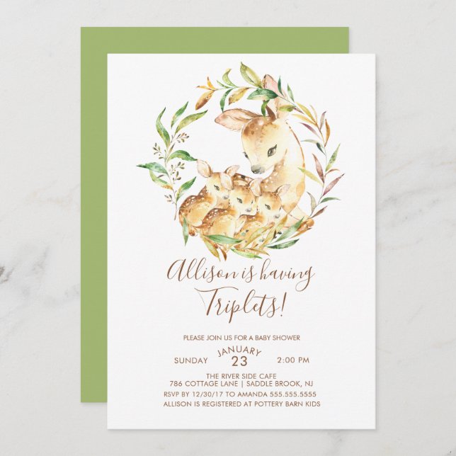 Little Deer Triplets Baby Shower Invitations (Devant / Derrière)
