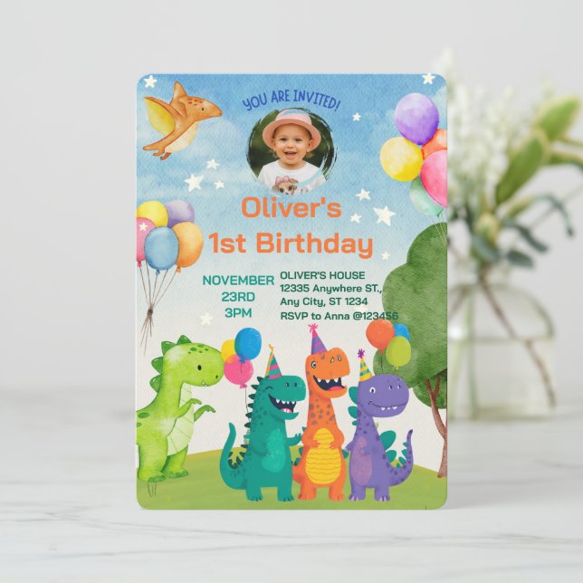 Little Dino 1st Birthday Invitation (Debout devant)