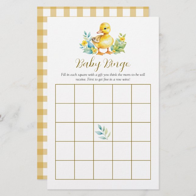 Little Duckling Duck Baby Shower Bingo Game (Devant / Derrière)