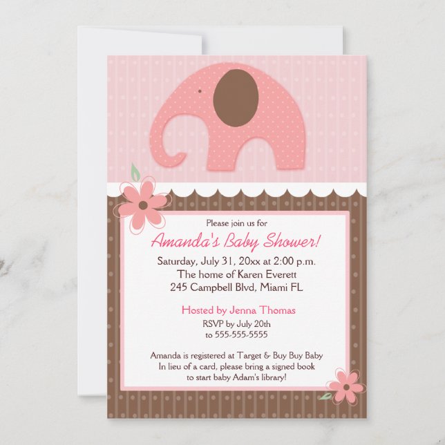 Little Elephant (rose) Invitation Baby shower 5x7 (Devant)