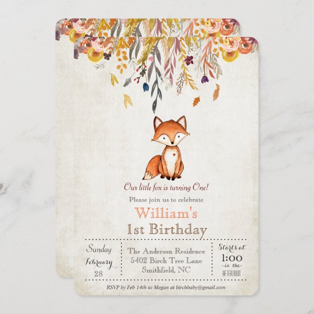 Little Fox Automne 1er Anniversaire Invitation (Devant / Derrière)