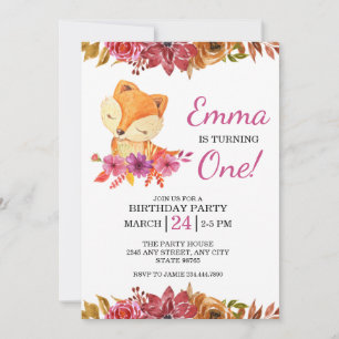 Little Fox Floral 1er Anniversaire Fête Invitation