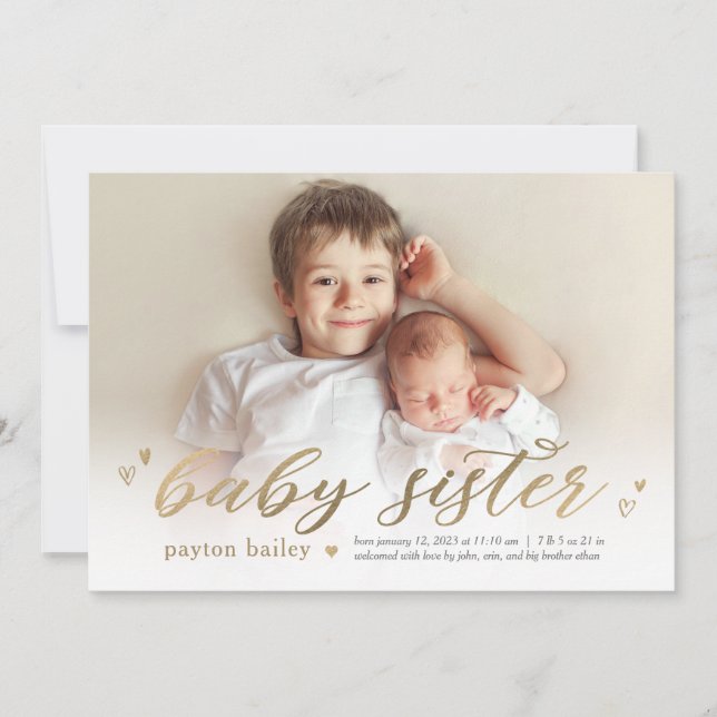 Little Hearts Baby Sister Faire-part de naissance (Devant)