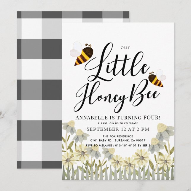 Little Honey Bee Daisy Invitation Anniversaire (Devant / Derrière)