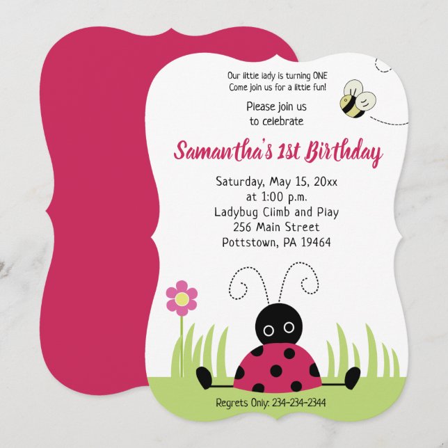 Little Ladybug Girl Anniversaire Invitation Die Cu (Devant / Derrière)