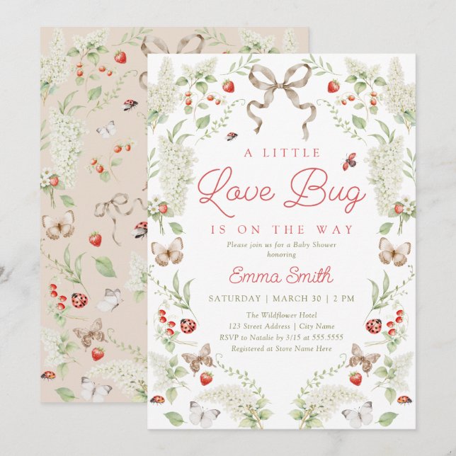 Little Love Bug Floral Bow Baby Shower Invitation (Devant / Derrière)