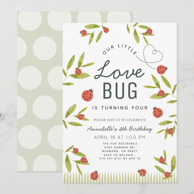 Little Love Bug Ladybug Girl Birthday Invitation (Devant / Derrière)