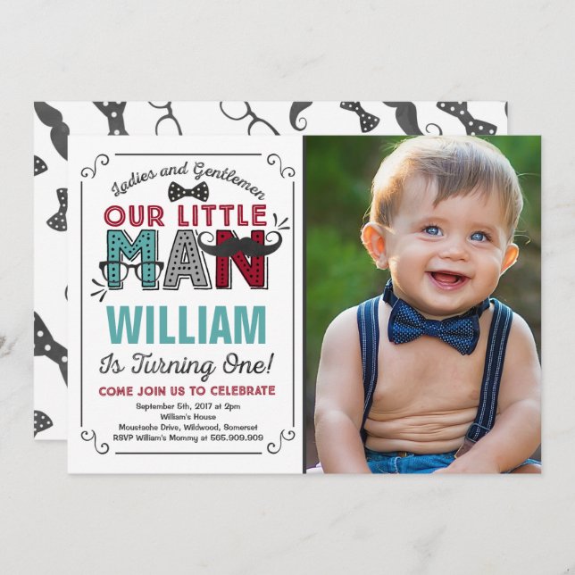 Little Man 1er anniversaire Invitation Mustache Pa (Devant / Derrière)