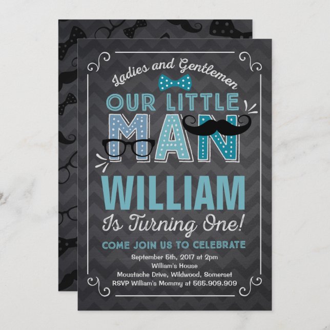 Little Man 1er anniversaire Invitation Mustache Pa (Devant / Derrière)