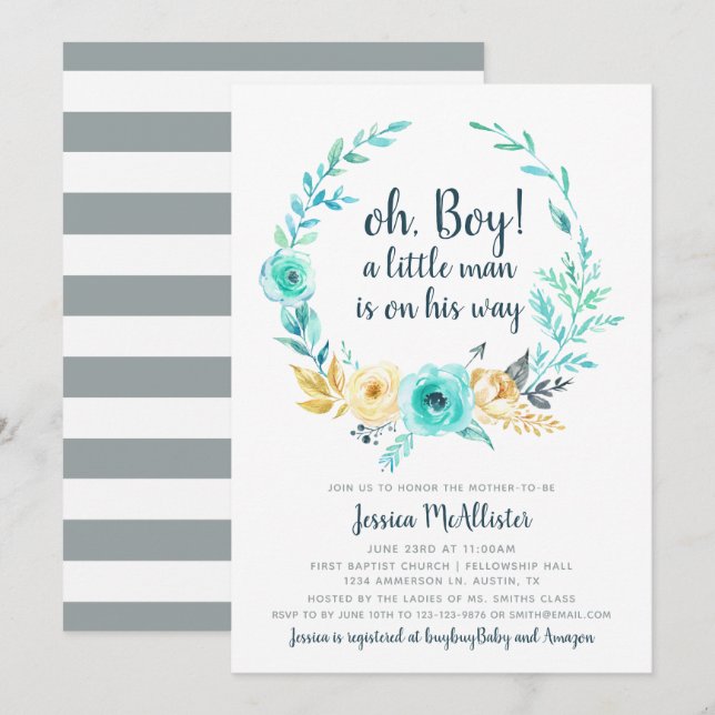 Little Man Baby shower Invitation Carte Turquoise  (Devant / Derrière)