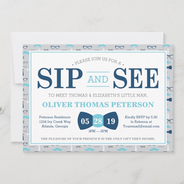 Little Man Sip et voir Baby shower Invitation (Devant)