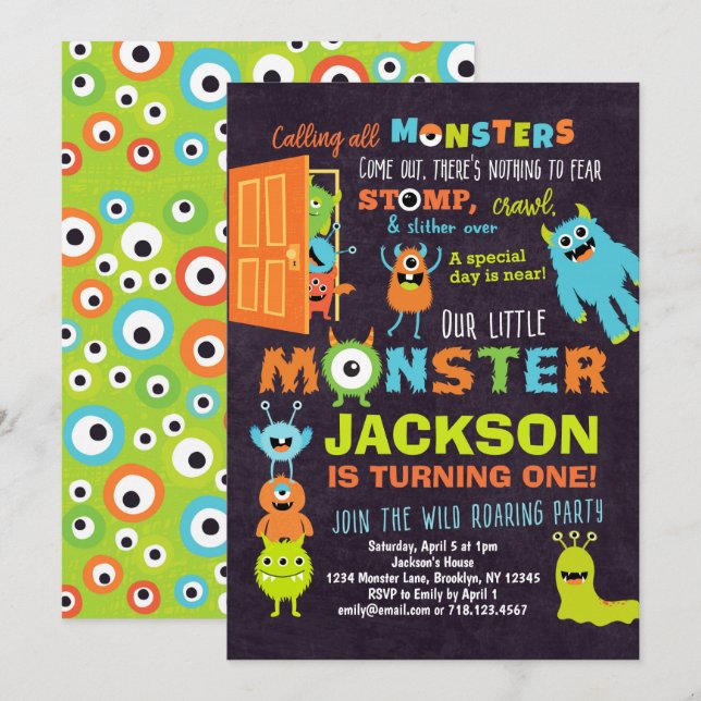 Little Monster 1er anniversaire Invitation Boys (Devant / Derrière)