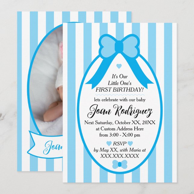 Little One Bow 1st Birthday Photo Invitations (Devant / Derrière)
