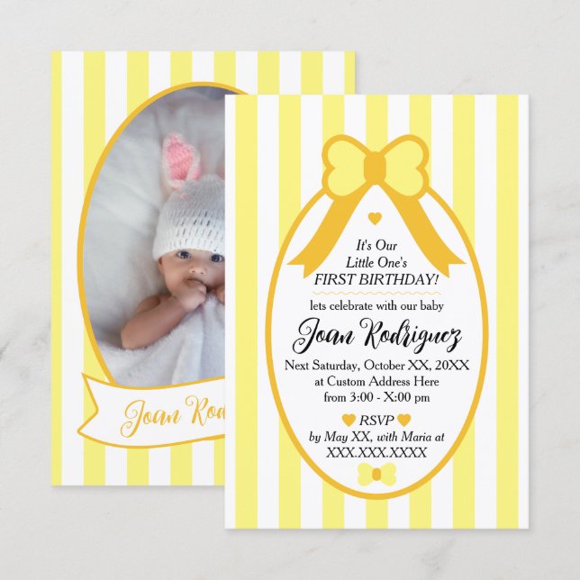 Little One Bow 1st Birthday Photo Invitations (Devant / Derrière)