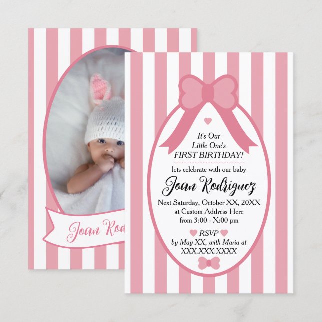 Little One Bow 1st Birthday Photo Invitations (Devant / Derrière)
