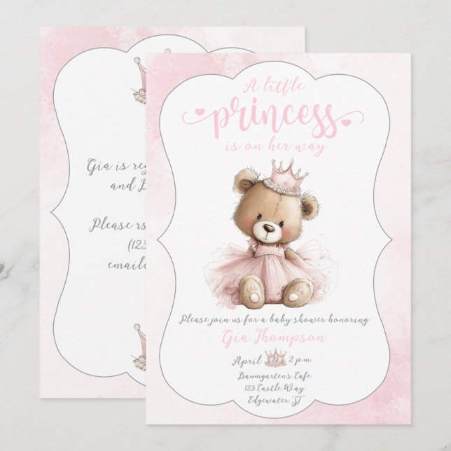 Little Princess Baby Shower Invitation with Teddy  (Devant / Derrière)