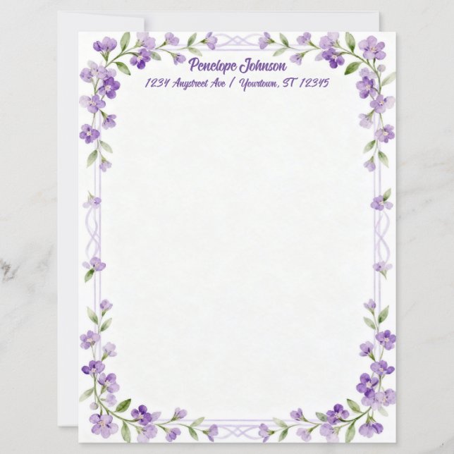 Little Purple Flowers on a Frame Stationery Paper (Devant)