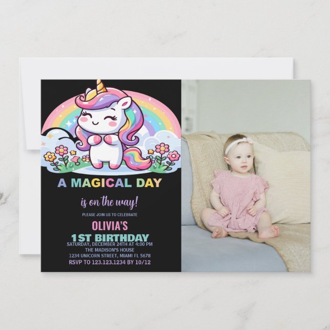 Little Rainbow Unicorn Birthday Invitations photo (Devant)