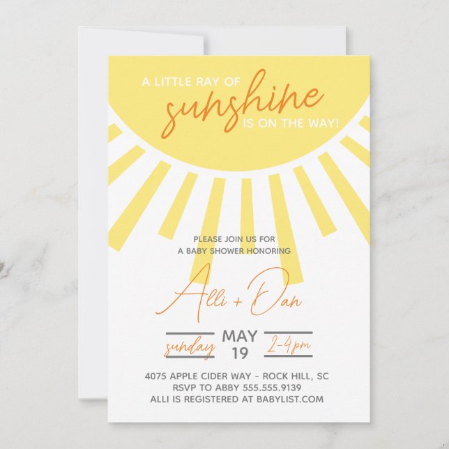 Little Ray of Sunshine Baby shower Invitation (Devant)