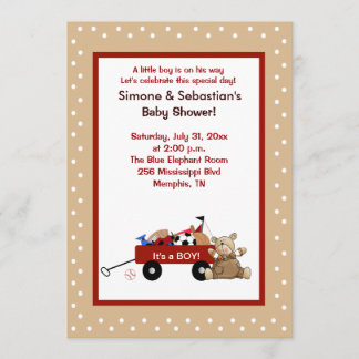 Little Red Wagon & Teddy Bear 5x7 Invitation 2 côt