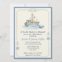Little Sailor Aboard Blue Baby Shower Invitation