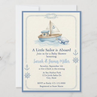 Little Sailor Aboard Blue Baby Shower Invitation