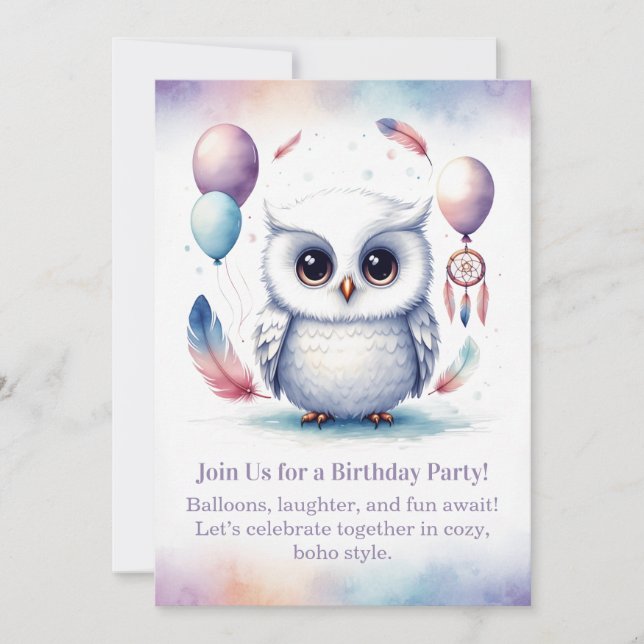 Little Snowy Owl Birthday Invitation Boho  (Devant)