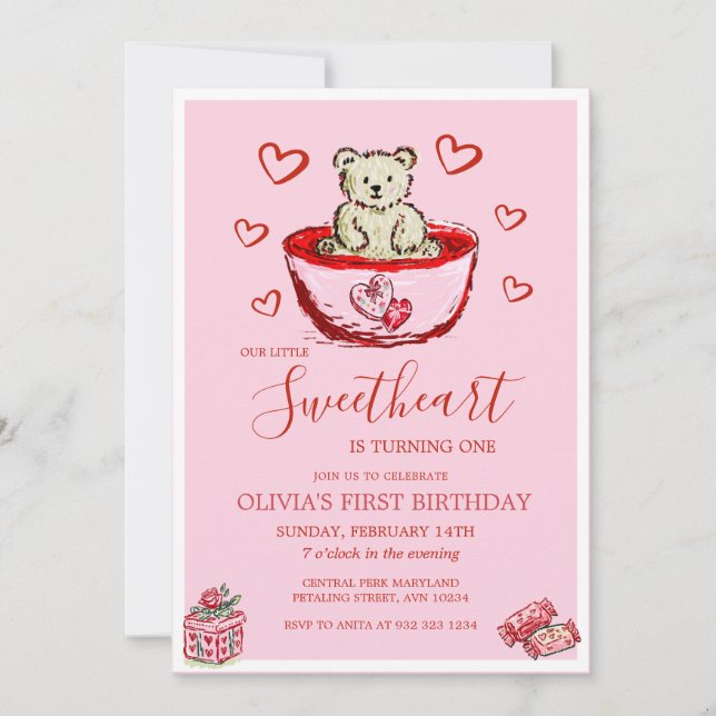 Little Sweetheart Birthday Bear Hearts Invitation (Devant)