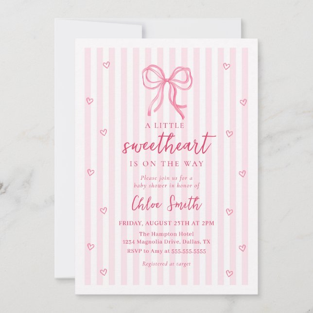 Little Sweetheart Pink Bow Baby Shower Invitation (Devant)