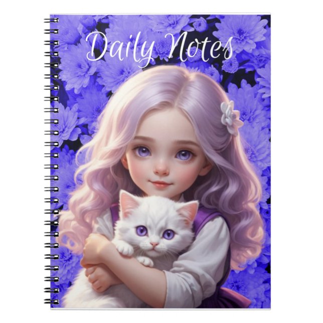 LittleGirl White Kitten Carnet de fleurs violettes (Devant)