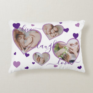 Live Laugh Love Photo Hearts Purple Accent Coussin