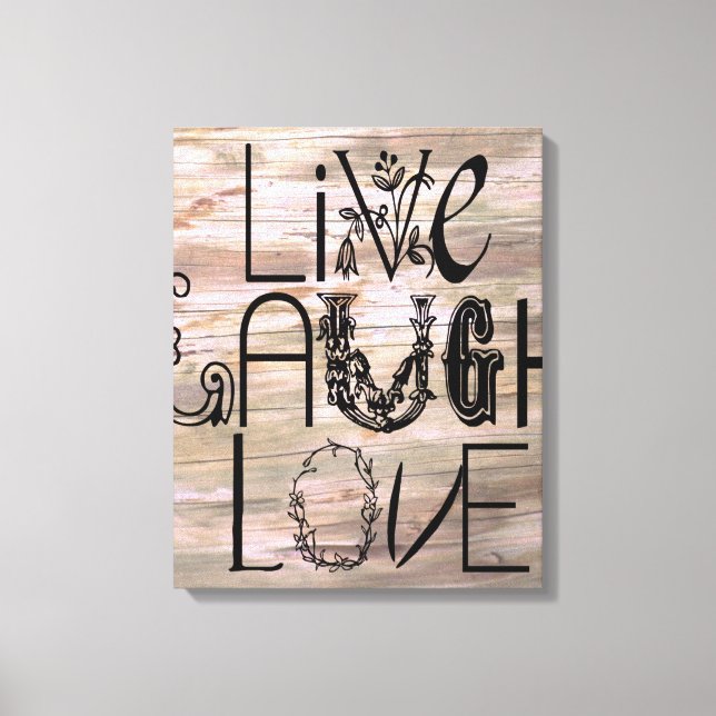 Live rire amour bois rustique panneau en toile mur (Recto)