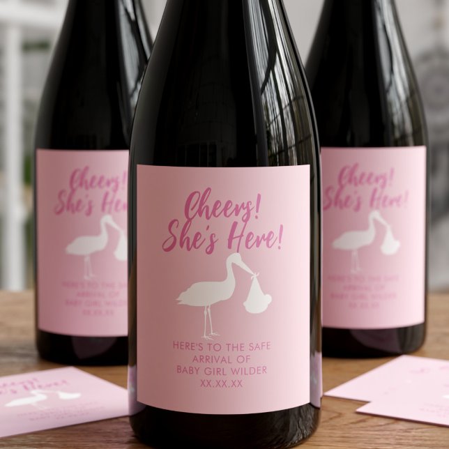 Livraison de cigogne Cheveux bébé fille Étiquettes (Cheers! She's Here! Celebrate your little princess with these wine labels. Just add your text)
