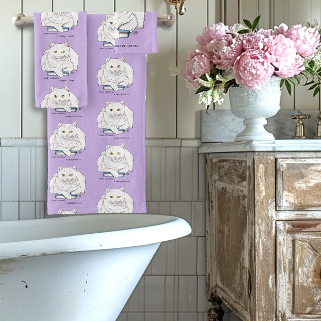 Livre de chat blanc drôle lisant humour violet (Créateur téléchargé)
