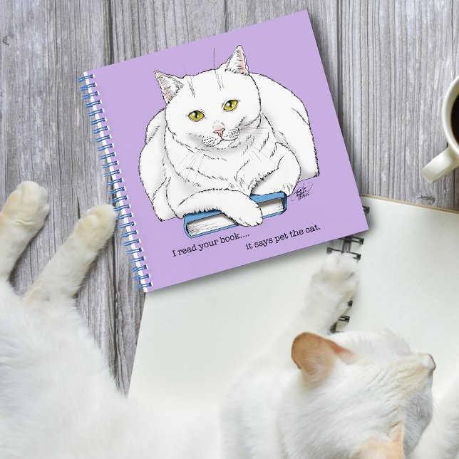 Livre de chat blanc drôle lisant humour violet (Créateur téléchargé)