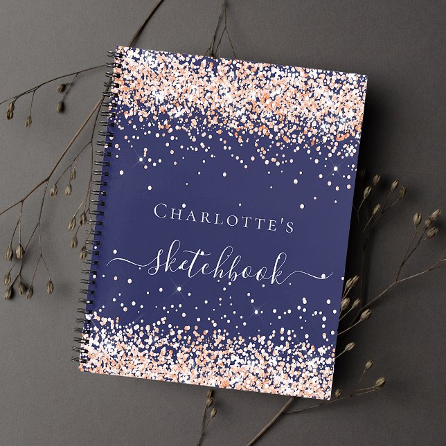 Livre de croquis bleu marine rose or nom script (Créateur téléchargé)