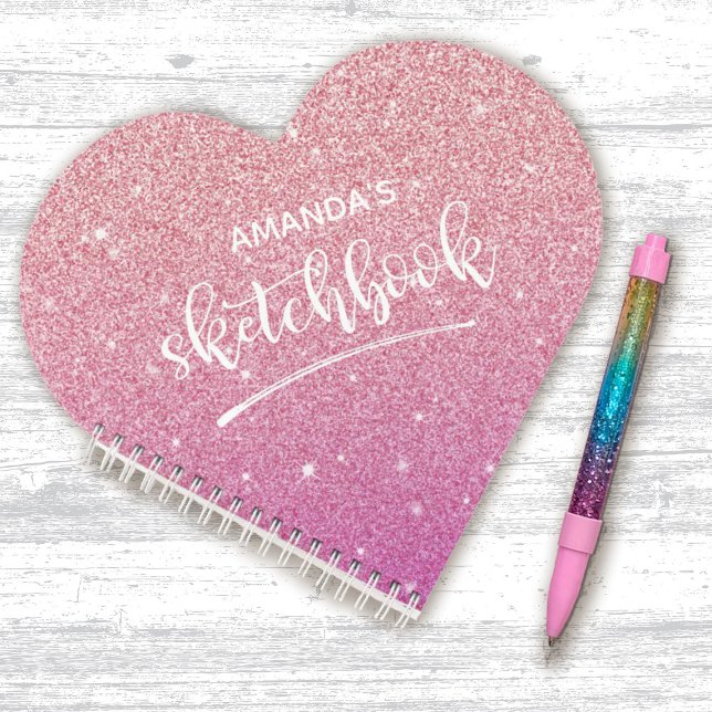 Livre de croquis de Parties scintillant rose éléga (A cute pink glitter sketchbook makes a great gift for a girl, especially for Valentine's Day!)