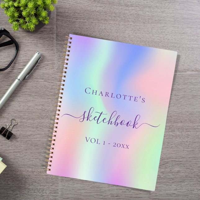 Livre de croquis holographique rose violet script  (Créateur téléchargé)