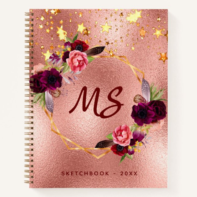 Livre de croquis rose or fleurs bordeaux monogramm (Devant)