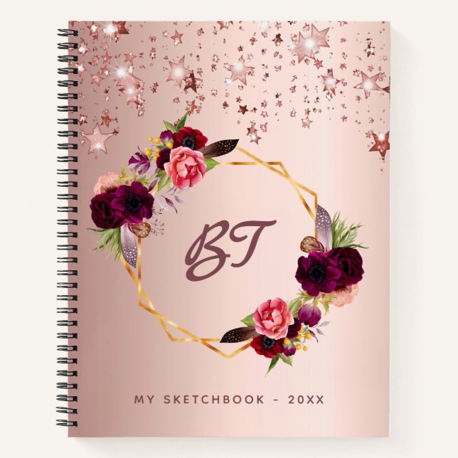 Livre de croquis rose or fleurs bordeaux monogramm (Devant)