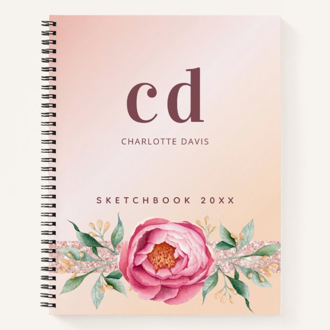 Livre de croquis rose or rose fleur monogramme (Devant)