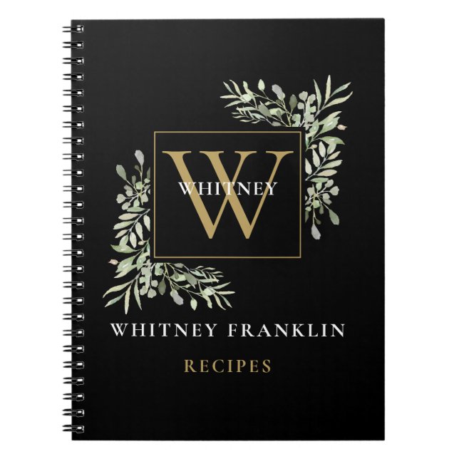 Livre de recettes à monogramme de verdure noir or  (Devant)