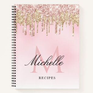 livre de recettes à monogramme pailleté or et rose
