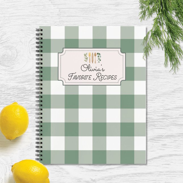 Livre de recettes à motif Gingham vert sauge (In situ)