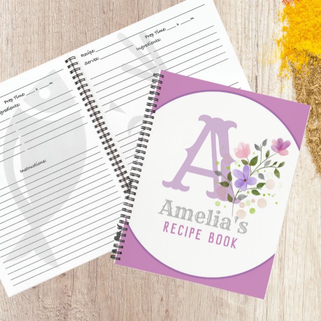 Livre de recettes avec monogramme et nom avec des  (Floral Design Recipe Book)