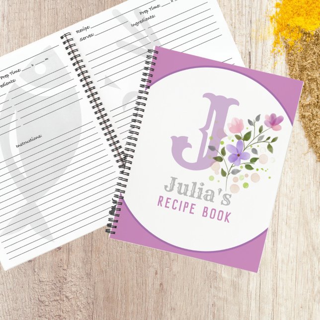 Livre de recettes avec monogramme et nom avec fleu (Recipe Book)